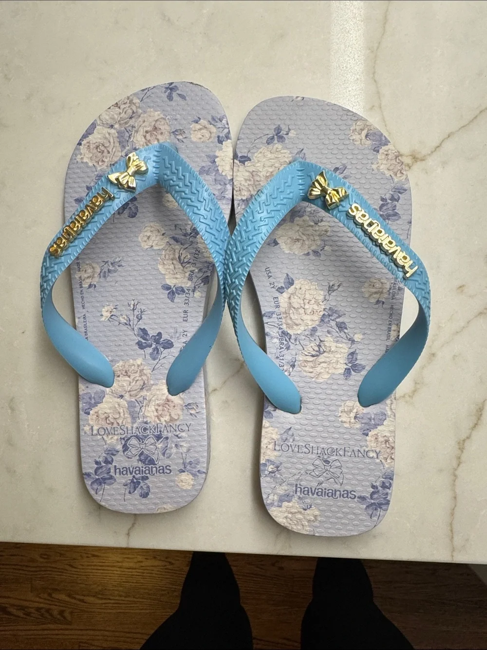 Love Shack Fancy/ Havaianas Blue Floral Flip Flops with Gold Accents